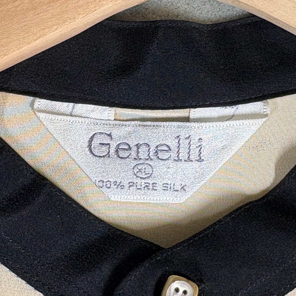 Genelli Vintage 100% Pure Silk Colorblock Band Collar Button Up Shirt XL Black - Picture 5 of 6